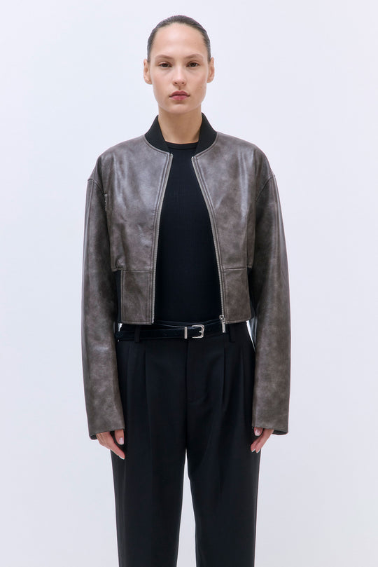 Cropped Vegan Leather Bomber Jacket