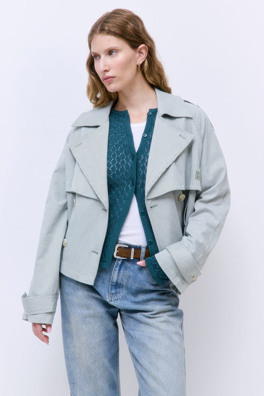 Striped Drill Double Breasted Trench Coat