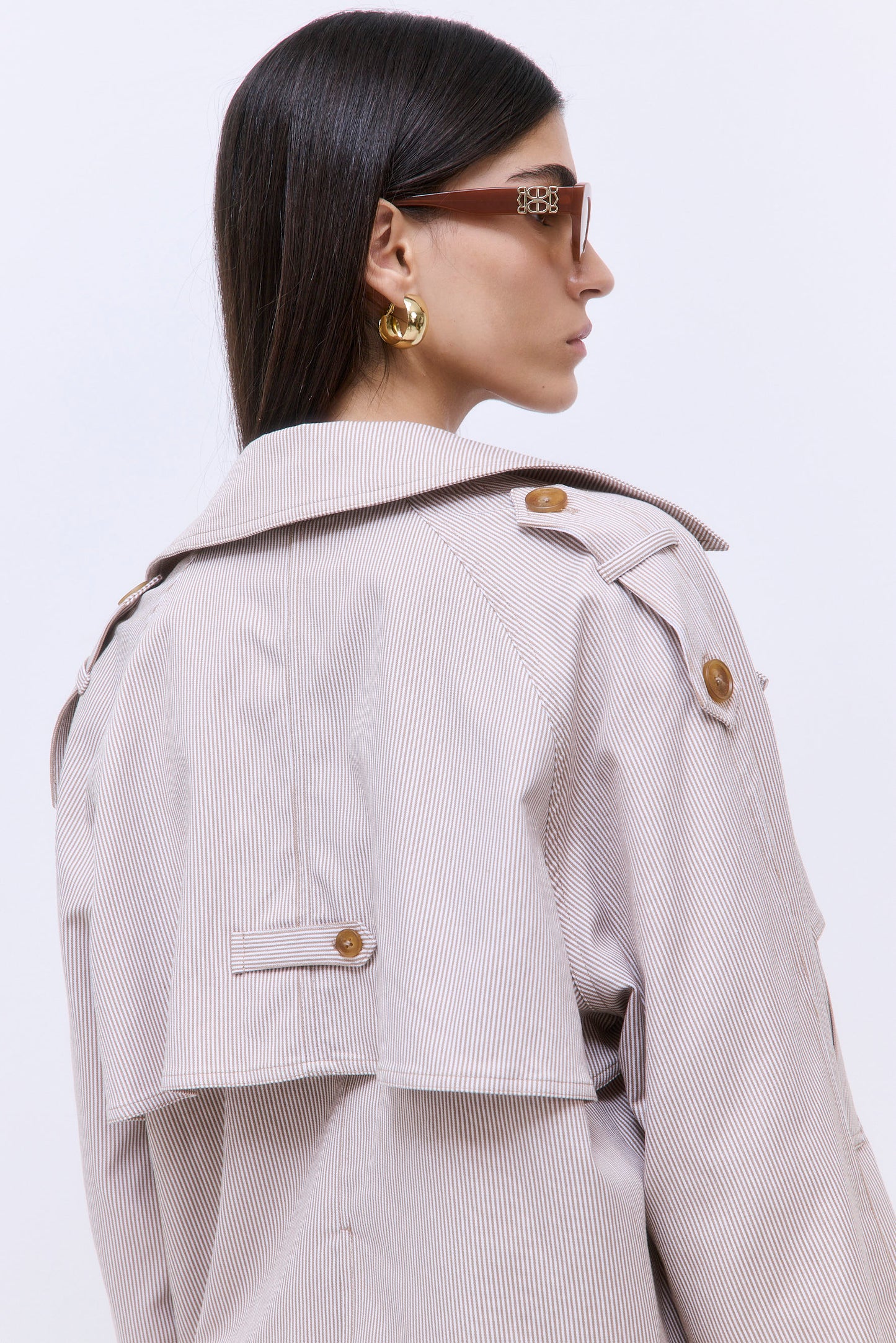 Striped Drill Double Breasted Trench Coat