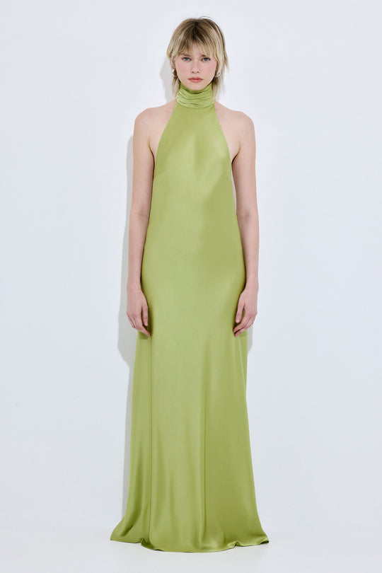 High Collar Satin Maxi Dress