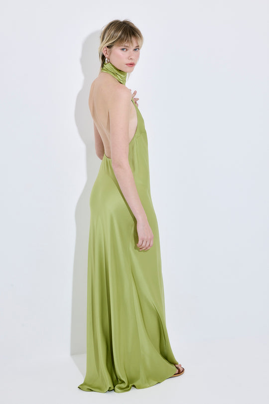 High Collar Satin Maxi Dress