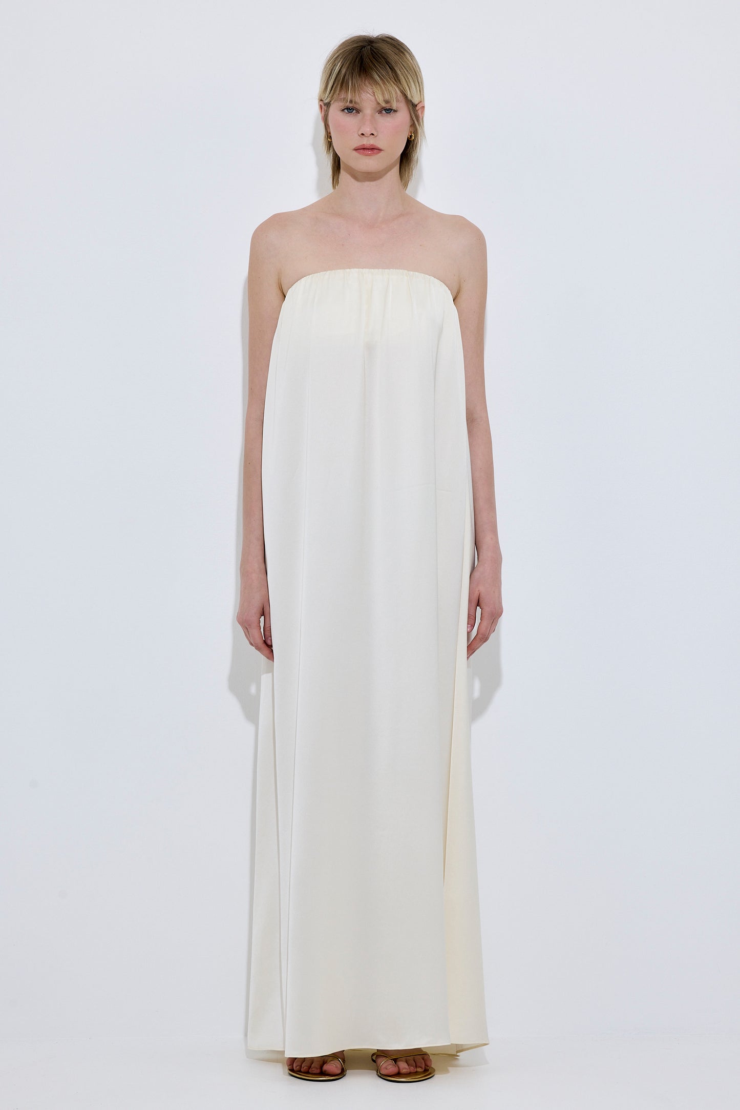 Gathered Strapless Satin Dress