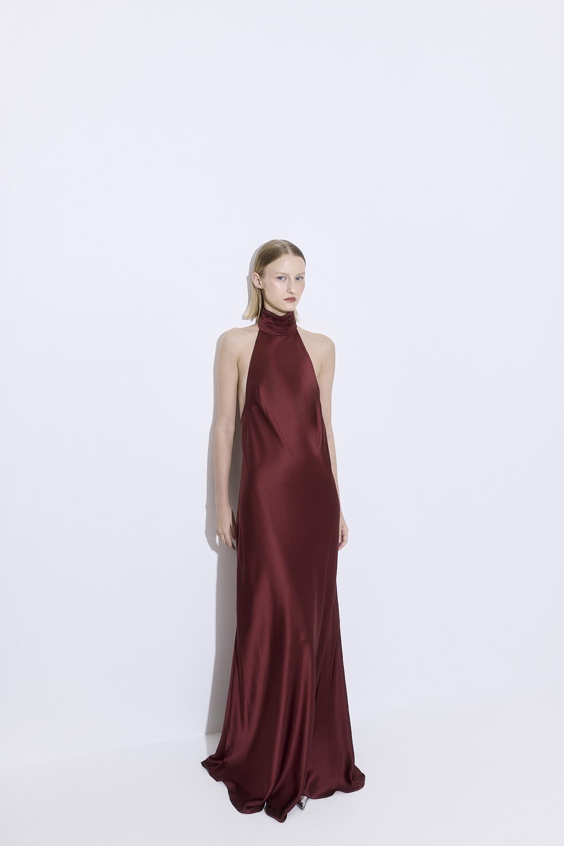 High Collar Satin Maxi Dress