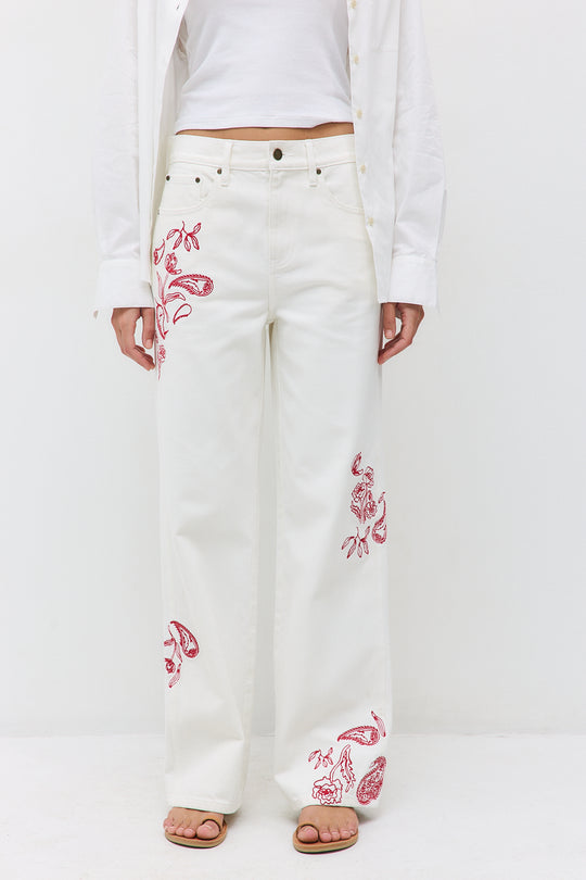 Floral Embroidered Wide Leg Pants