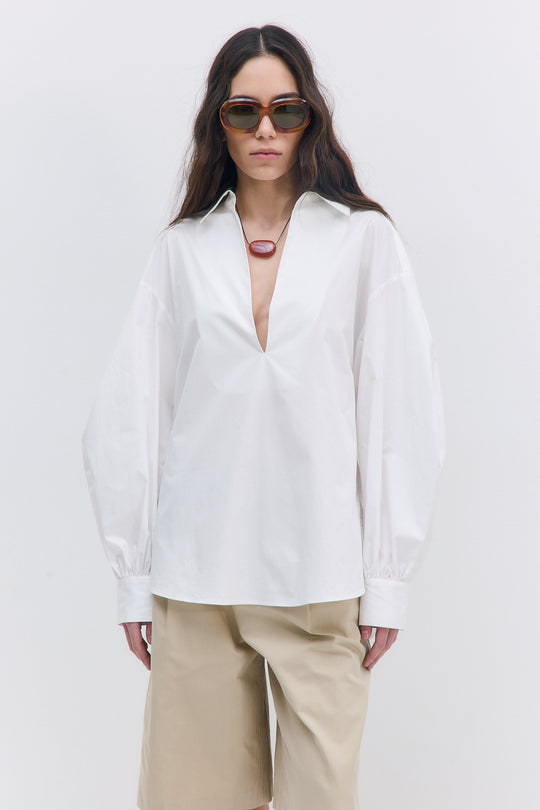 Oversized V Neck Poplin Blouse - Dé Rococo