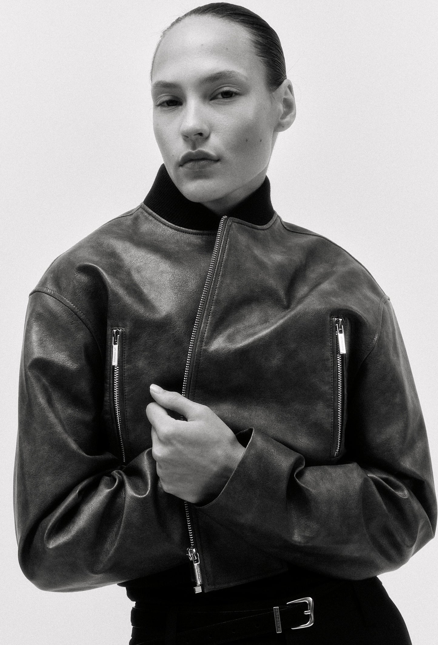 Cropped Vegan Leather Bomber Jacket
