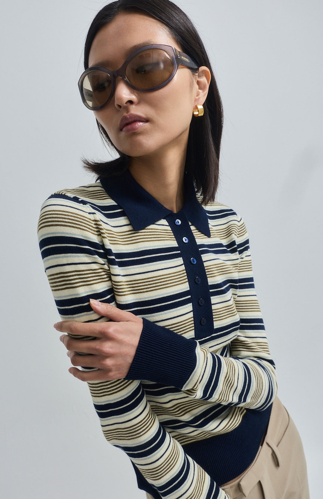 Long Sleeved Striped Polo