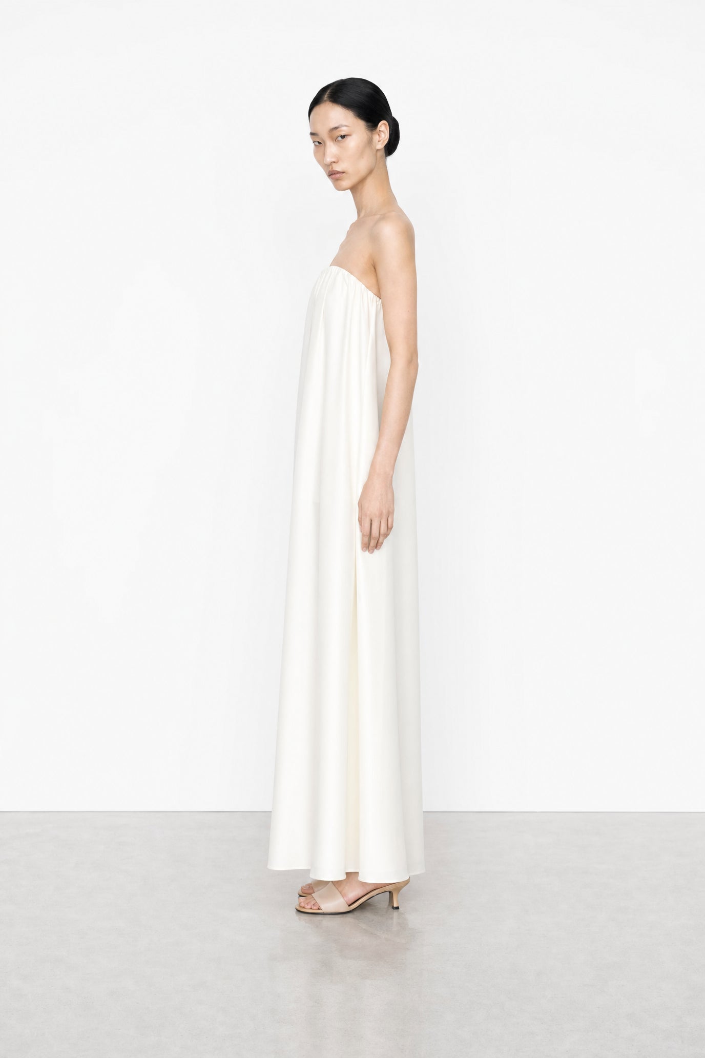 Gathered Strapless Satin Dress