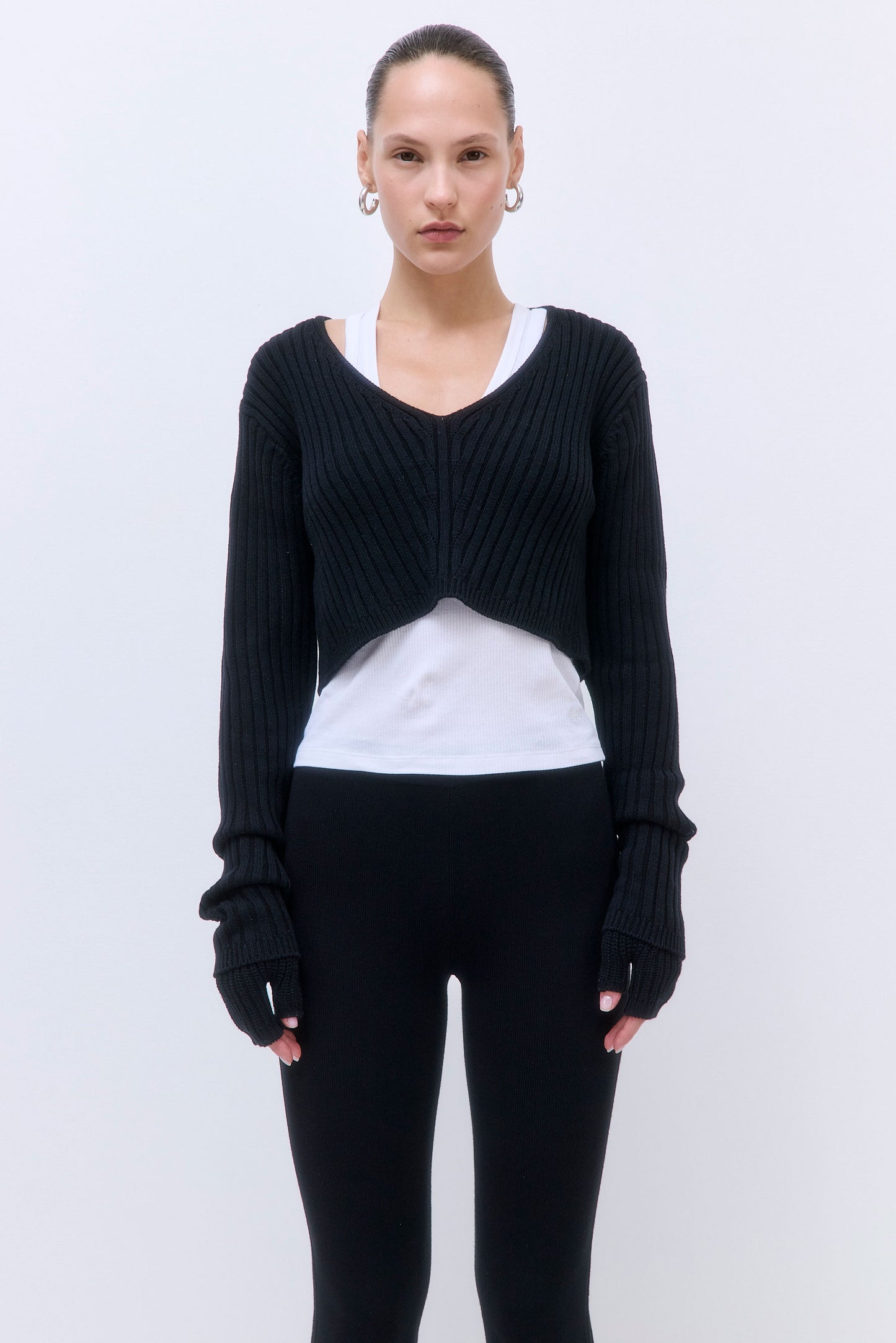 Cropped Ribbed V Neck Top