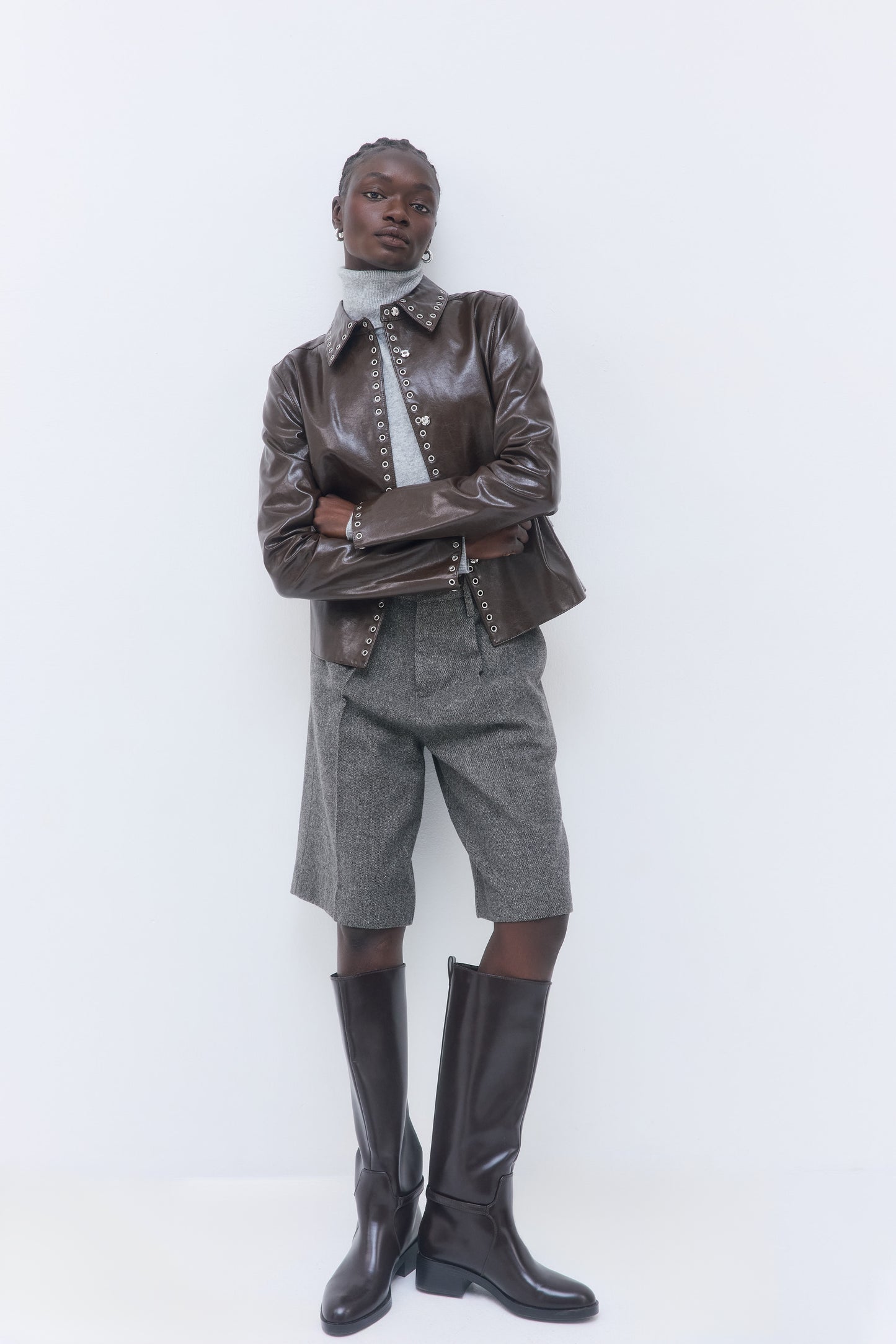 Studded Vegan Leather Fitted Jacket