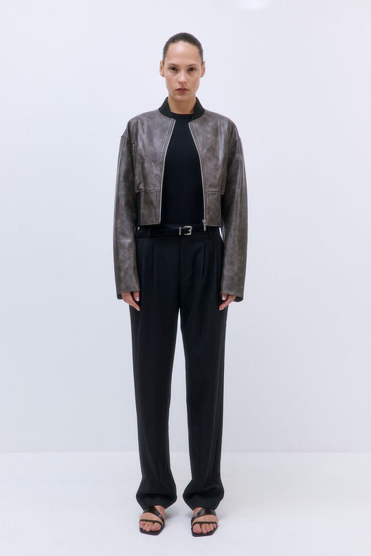 Cropped Vegan Leather Bomber Jacket