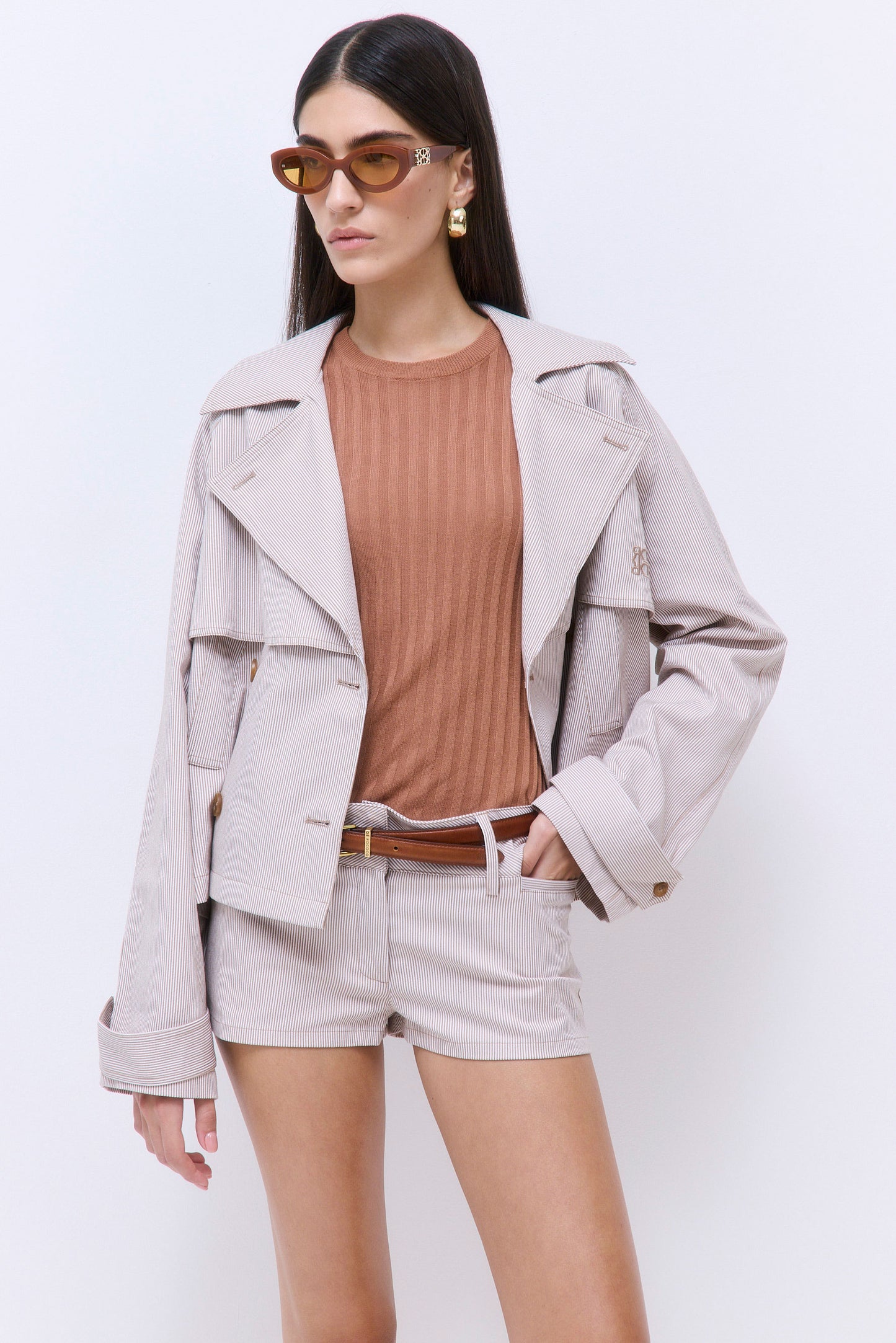 Striped Drill Double Breasted Trench Coat
