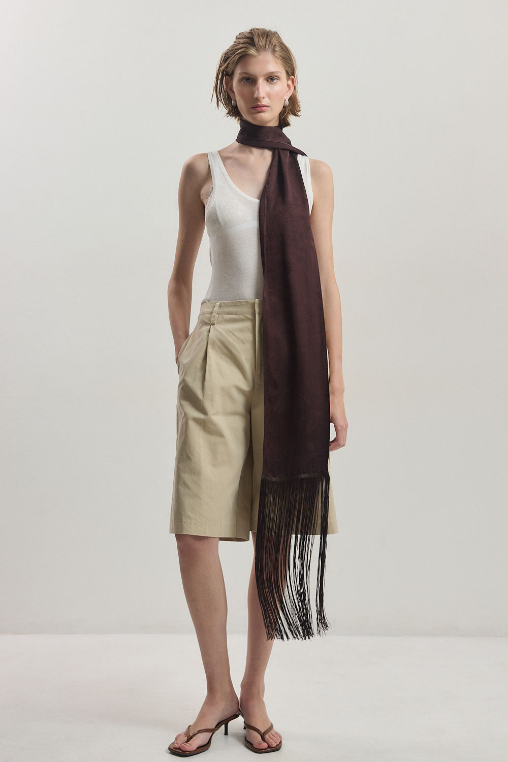 Skinny Satin Jacquard Fringe Scarf