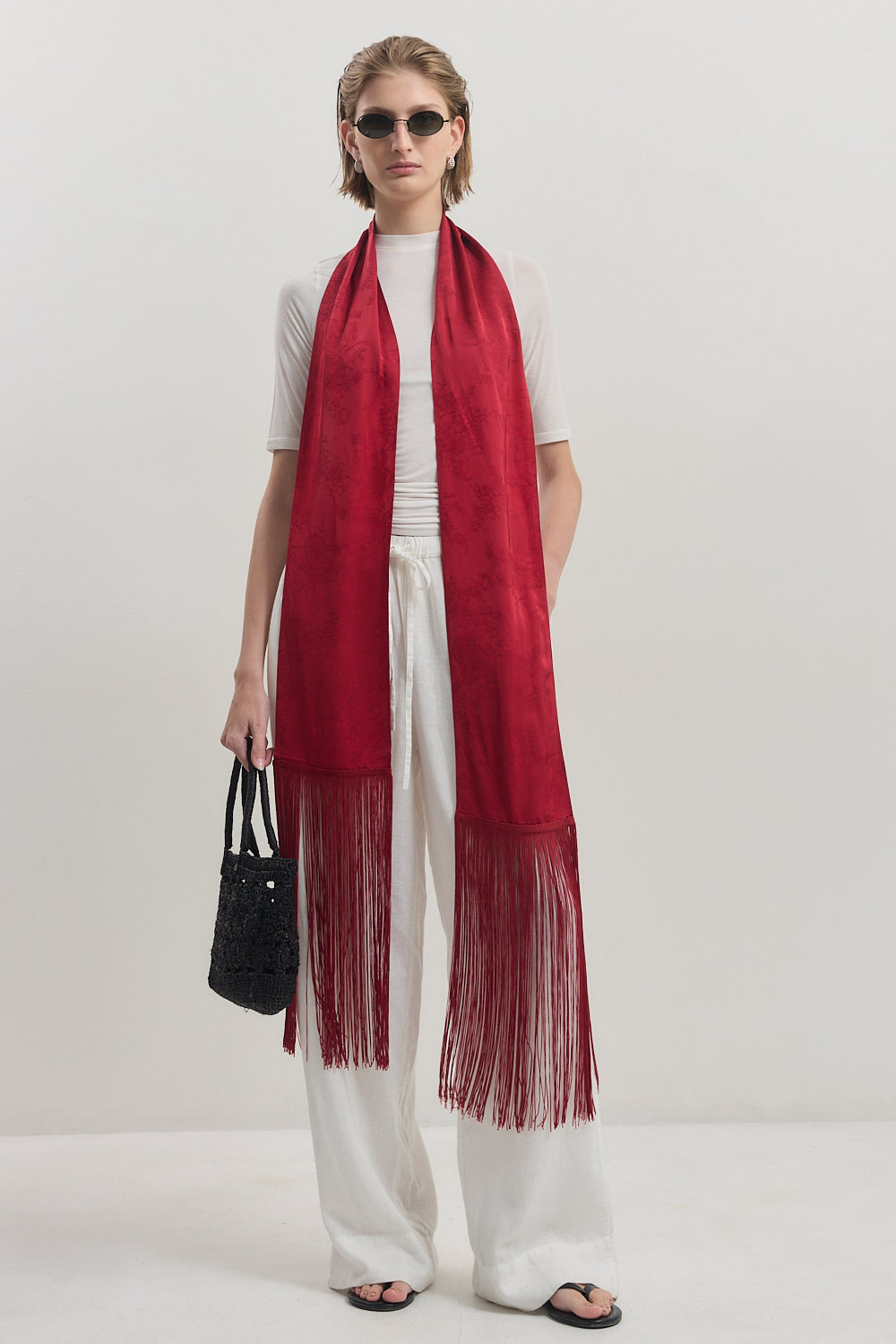 Skinny Satin Jacquard Fringe Scarf