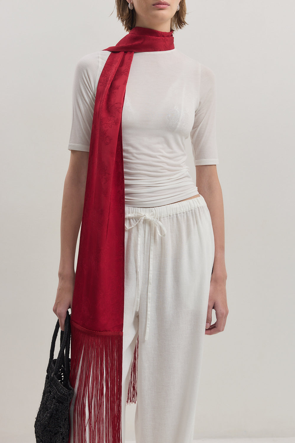 Skinny Satin Jacquard Fringe Scarf