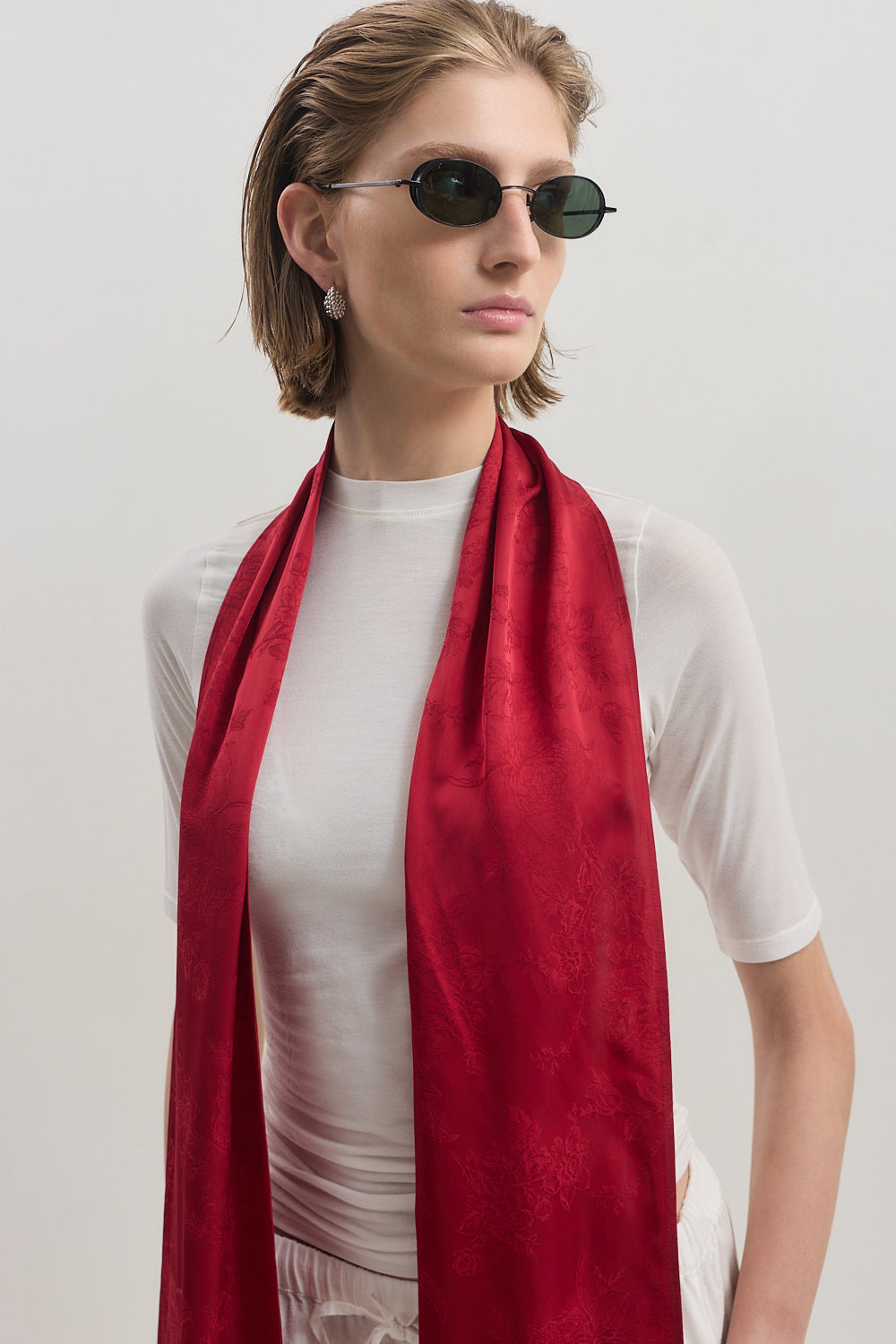 Skinny Satin Jacquard Fringe Scarf