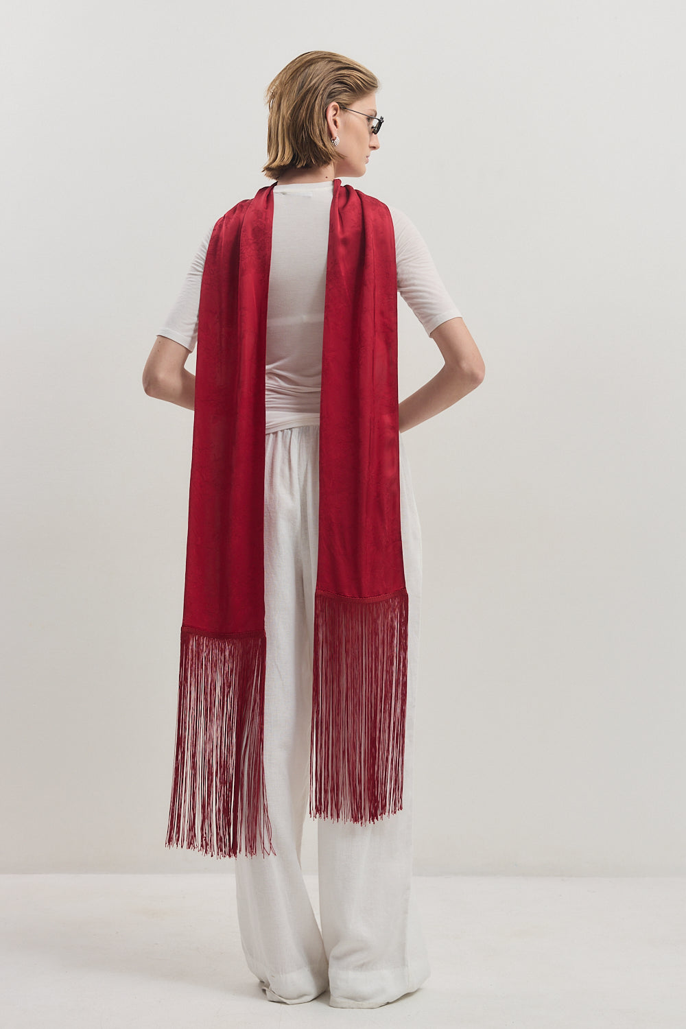 Skinny Satin Jacquard Fringe Scarf