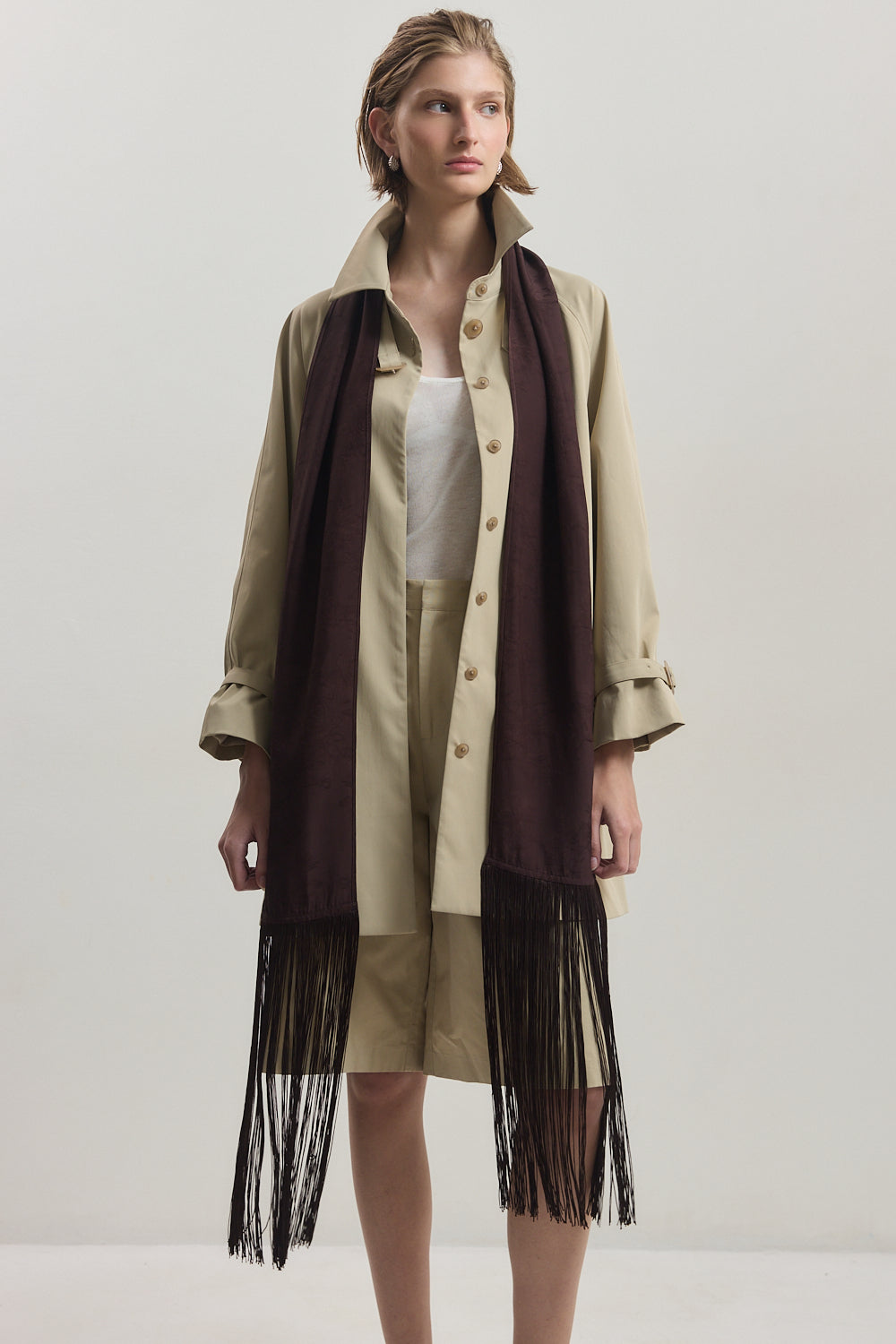 Skinny Satin Jacquard Fringe Scarf