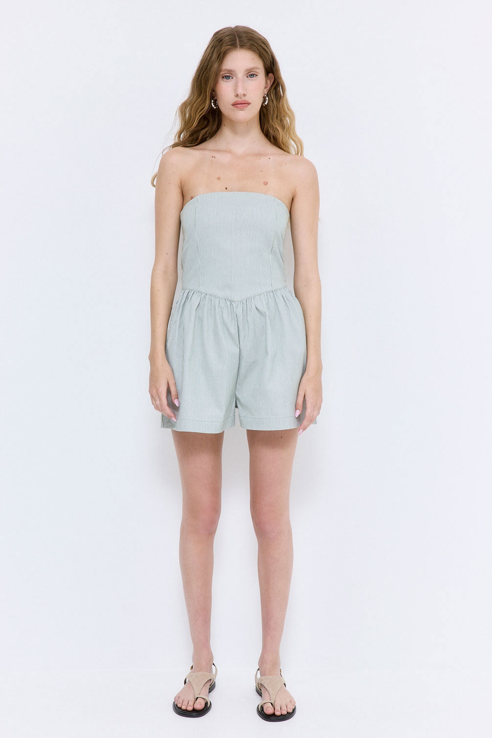Striped Drill Strapless Jumpsuit