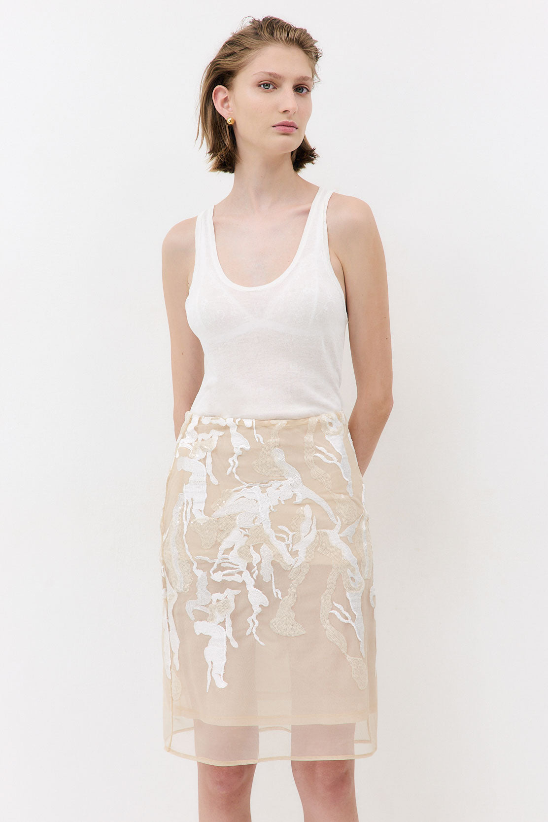 Semi Sheer Embroidered Midi Skirt