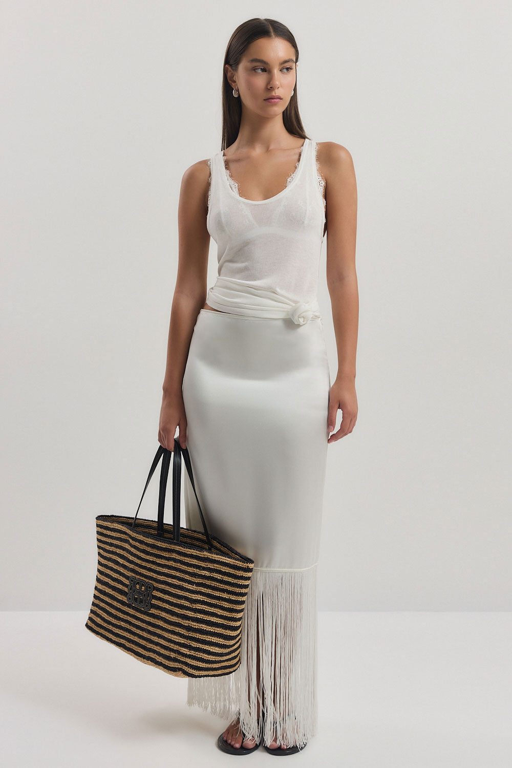 Satin Fringe Mid Rise Skirt