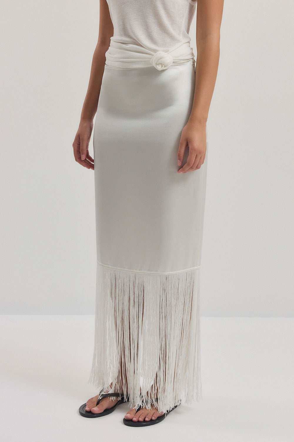 Satin Fringe Mid Rise Skirt