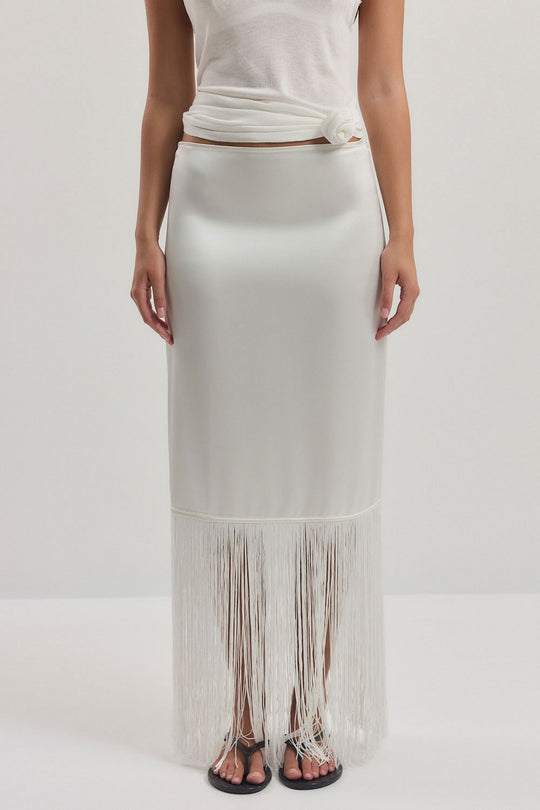 Satin Fringe Mid Rise Skirt
