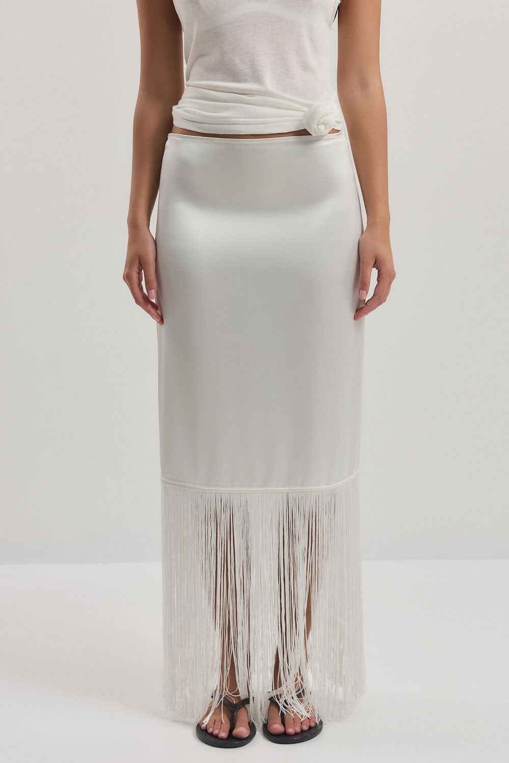 Satin Fringe Mid Rise Skirt