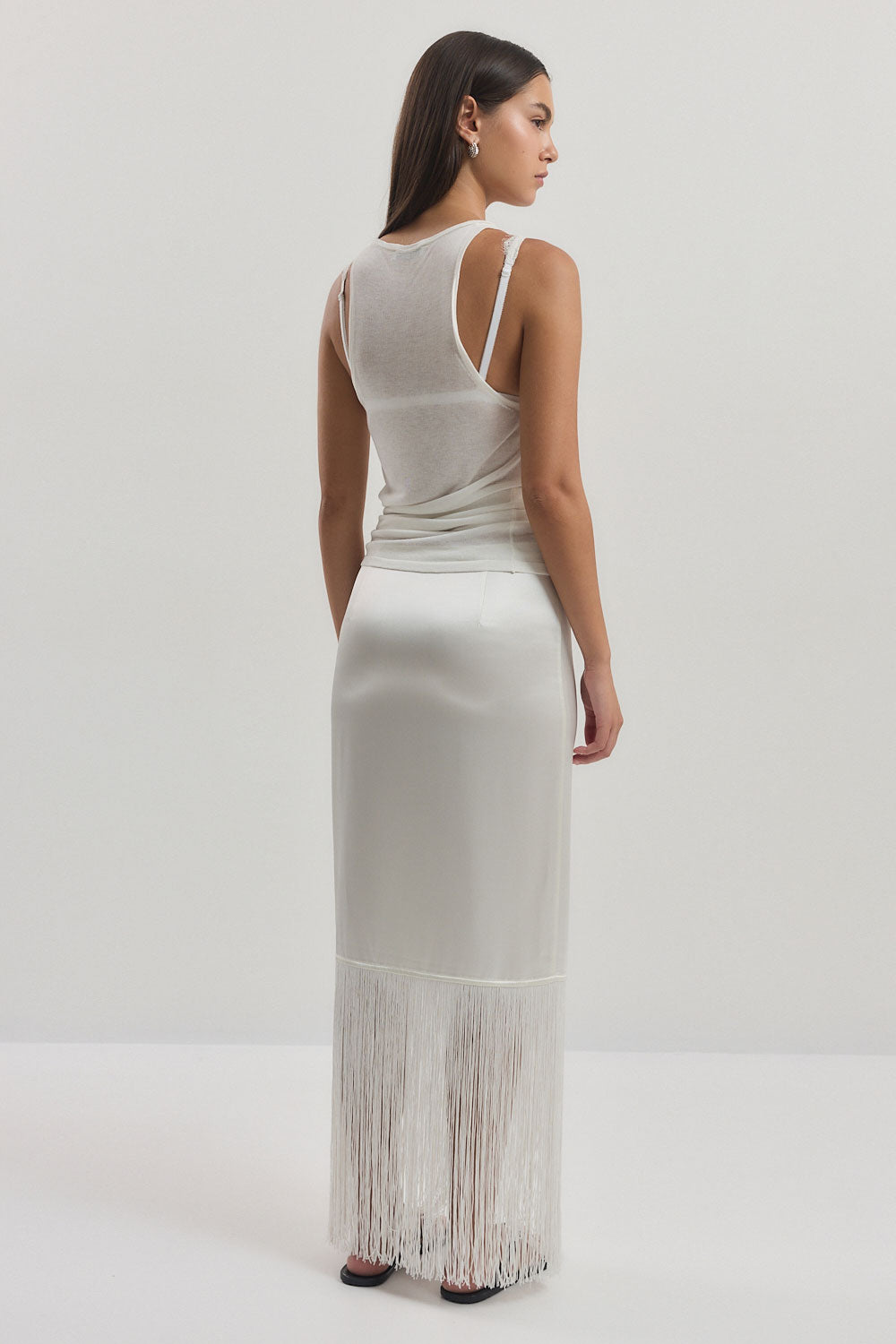 Satin Fringe Mid Rise Skirt