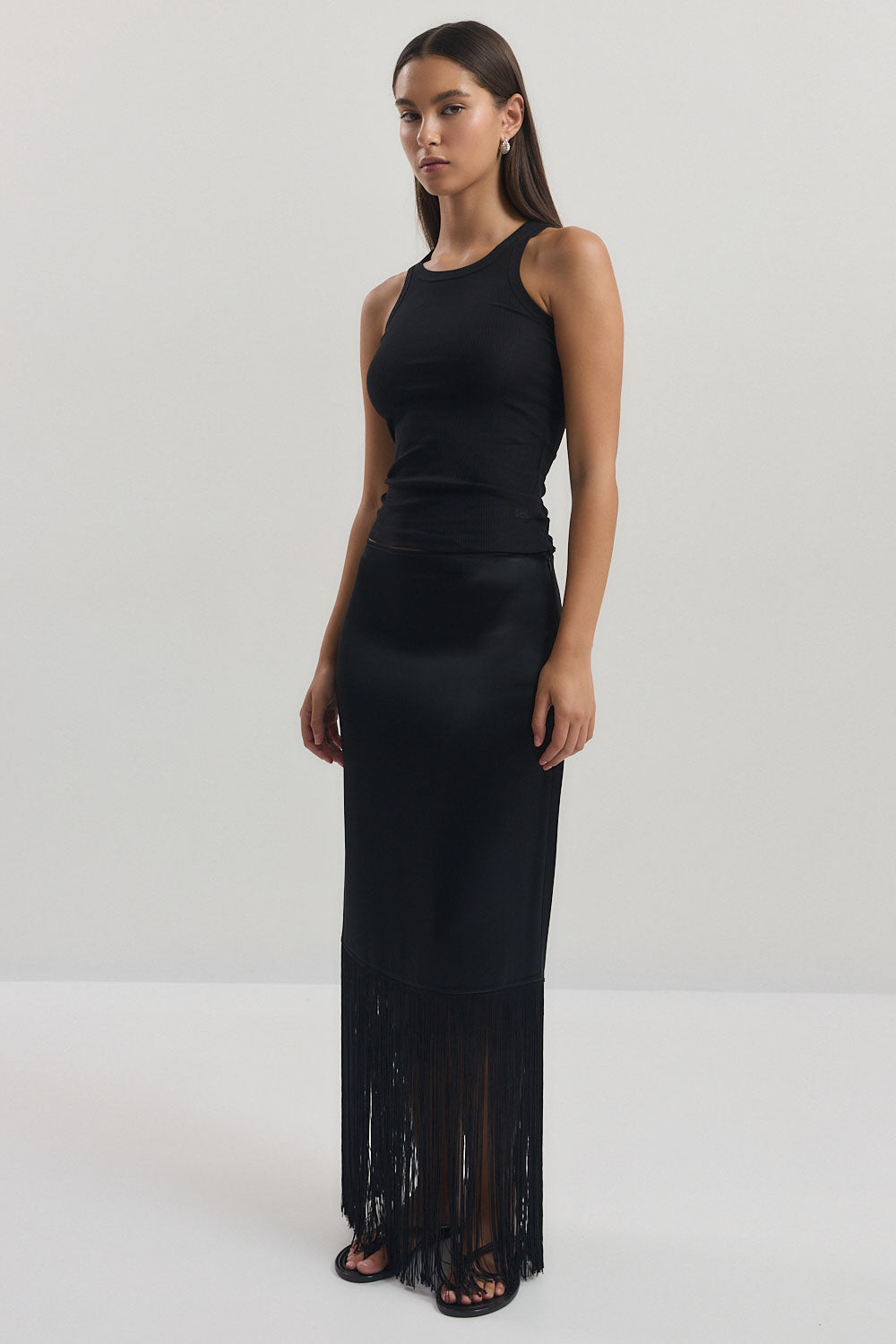 Satin Fringe Mid Rise Skirt