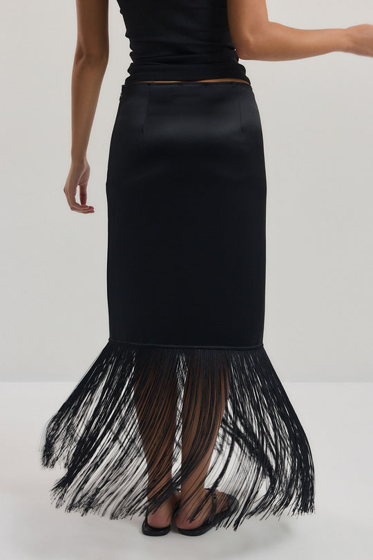 Satin Fringe Mid Rise Skirt