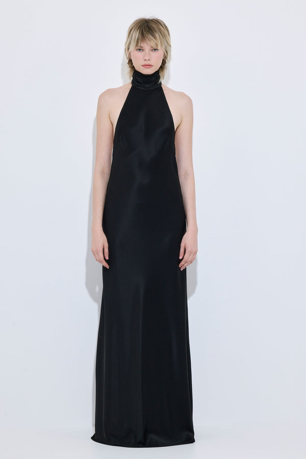 High Collar Satin Maxi Dress