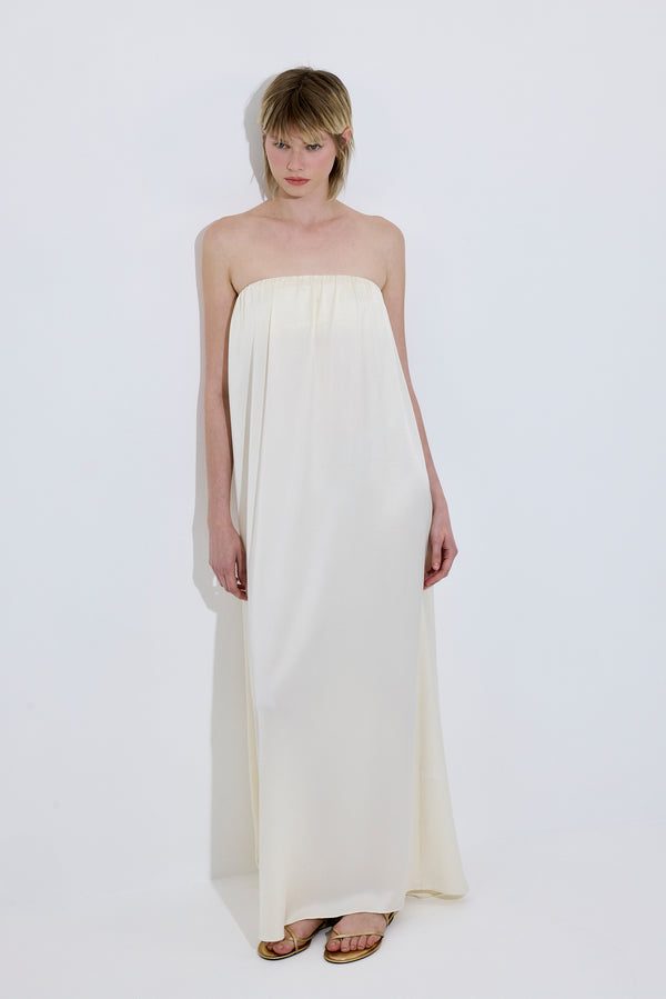 Gathered Strapless Satin Dress