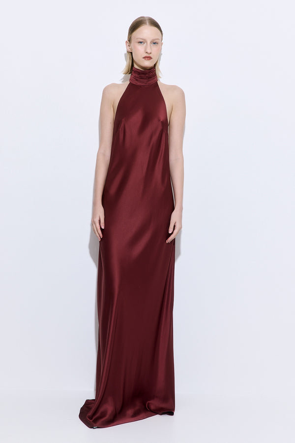 High Collar Satin Maxi Dress