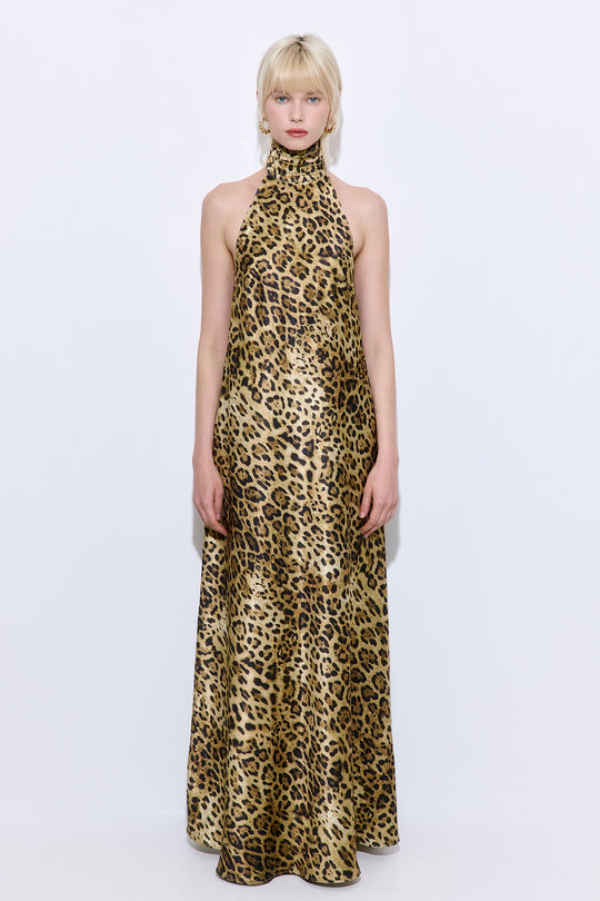 High Collar Satin Maxi Dress