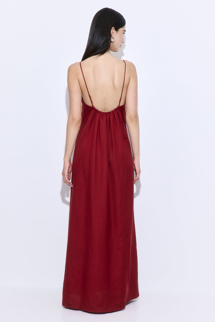 Gathered Neck Linen Maxi Dress