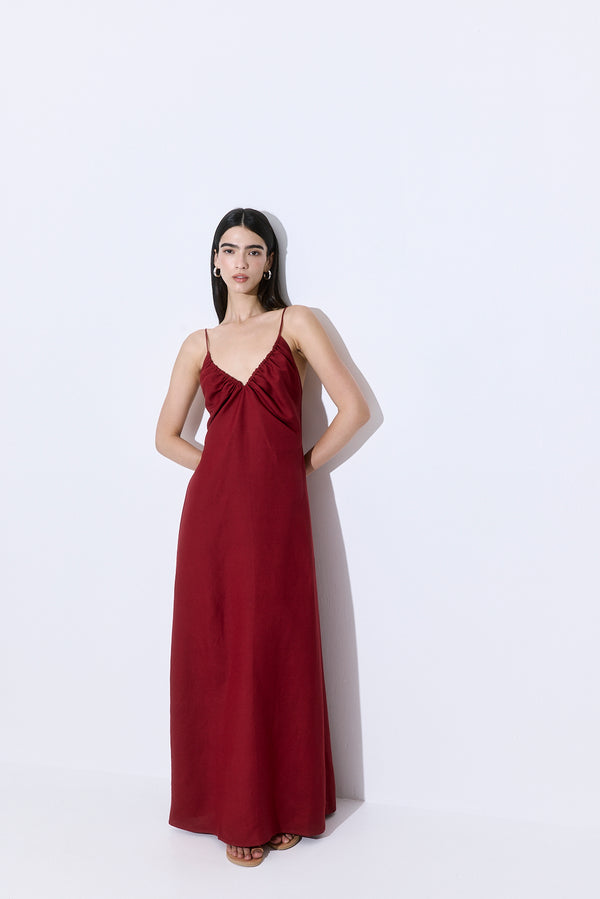 Gathered Neck Linen Maxi Dress