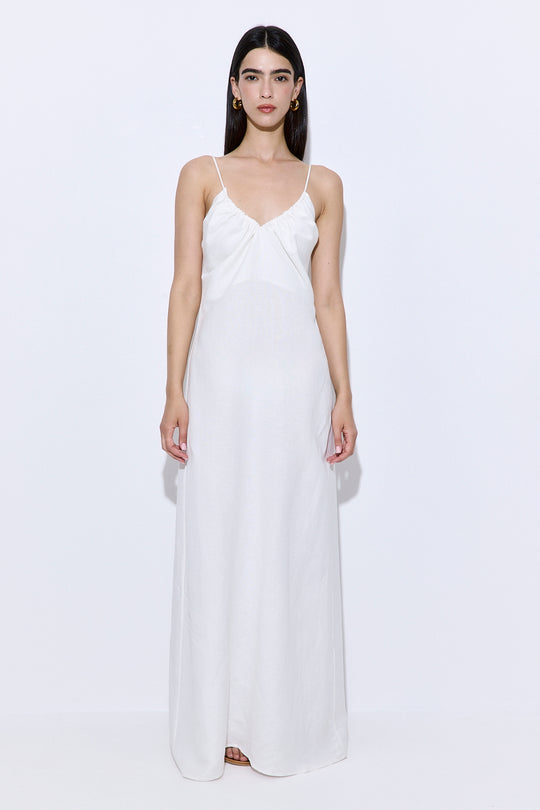 Gathered Neck Linen Maxi Dress