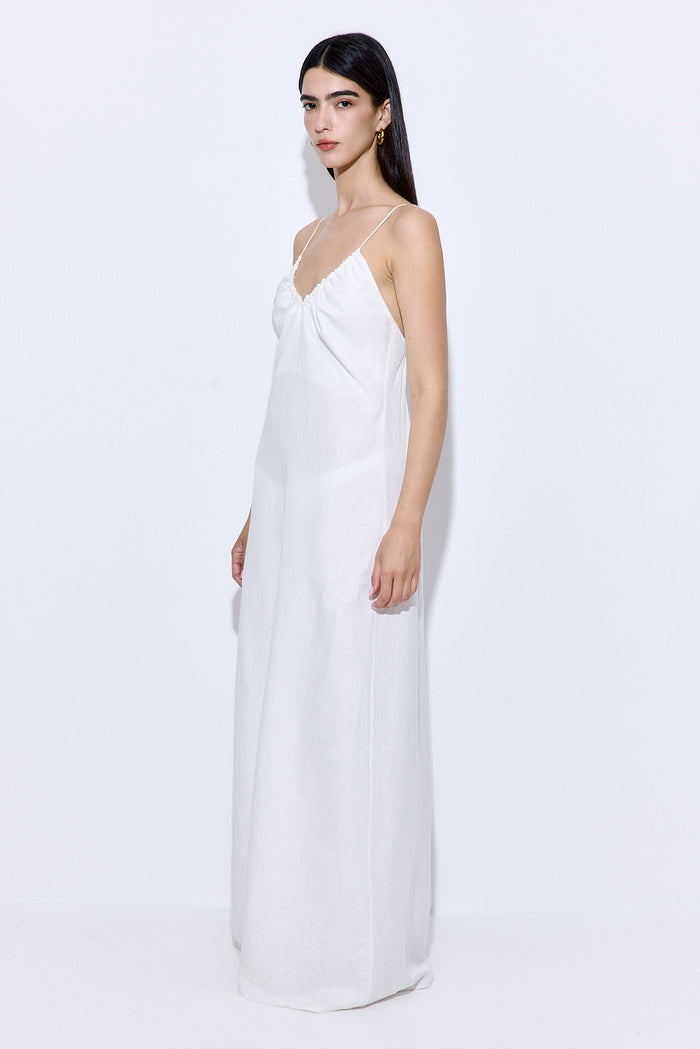 Gathered Neck Linen Maxi Dress