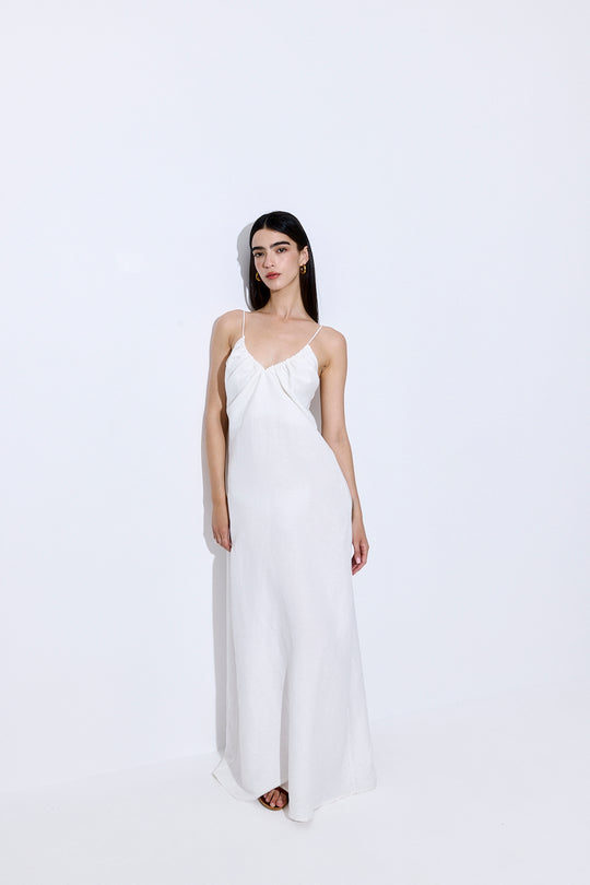 Gathered Neck Linen Maxi Dress