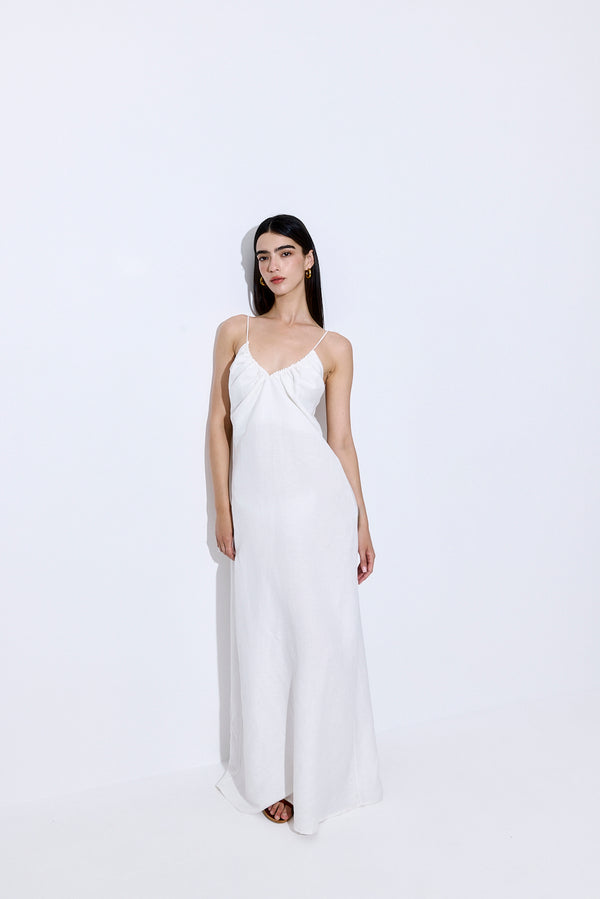 Gathered Neck Linen Maxi Dress