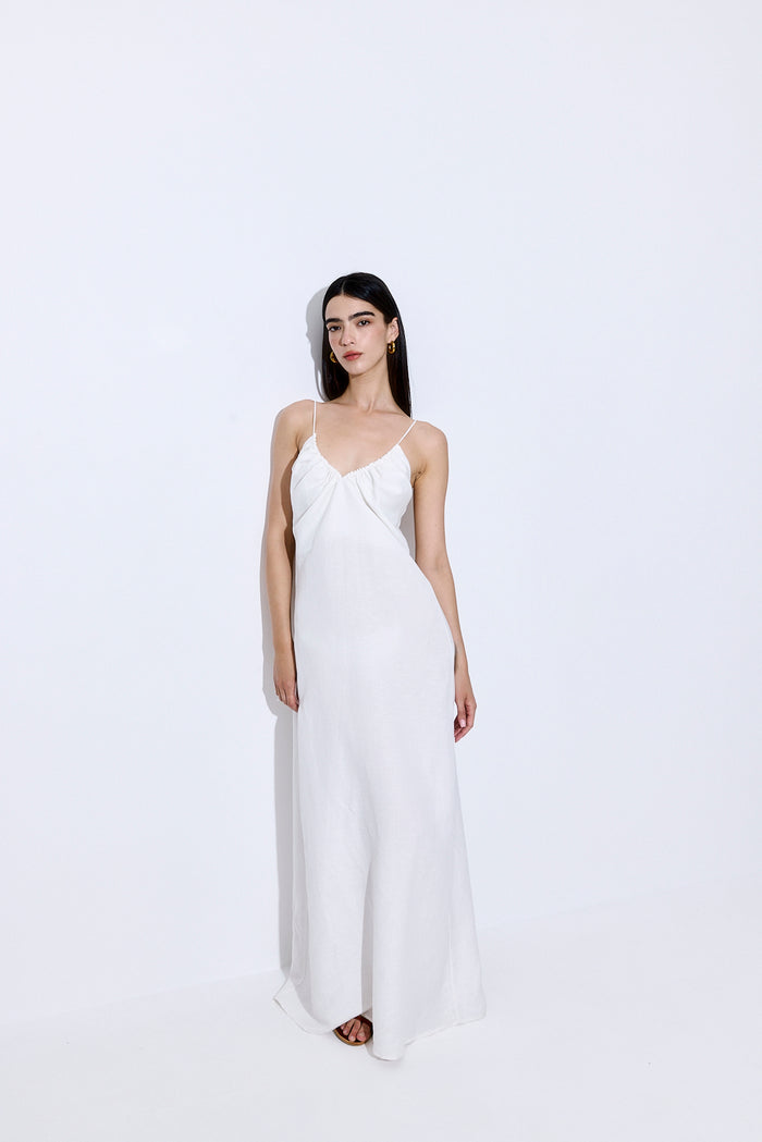 Gathered Neck Linen Maxi Dress
