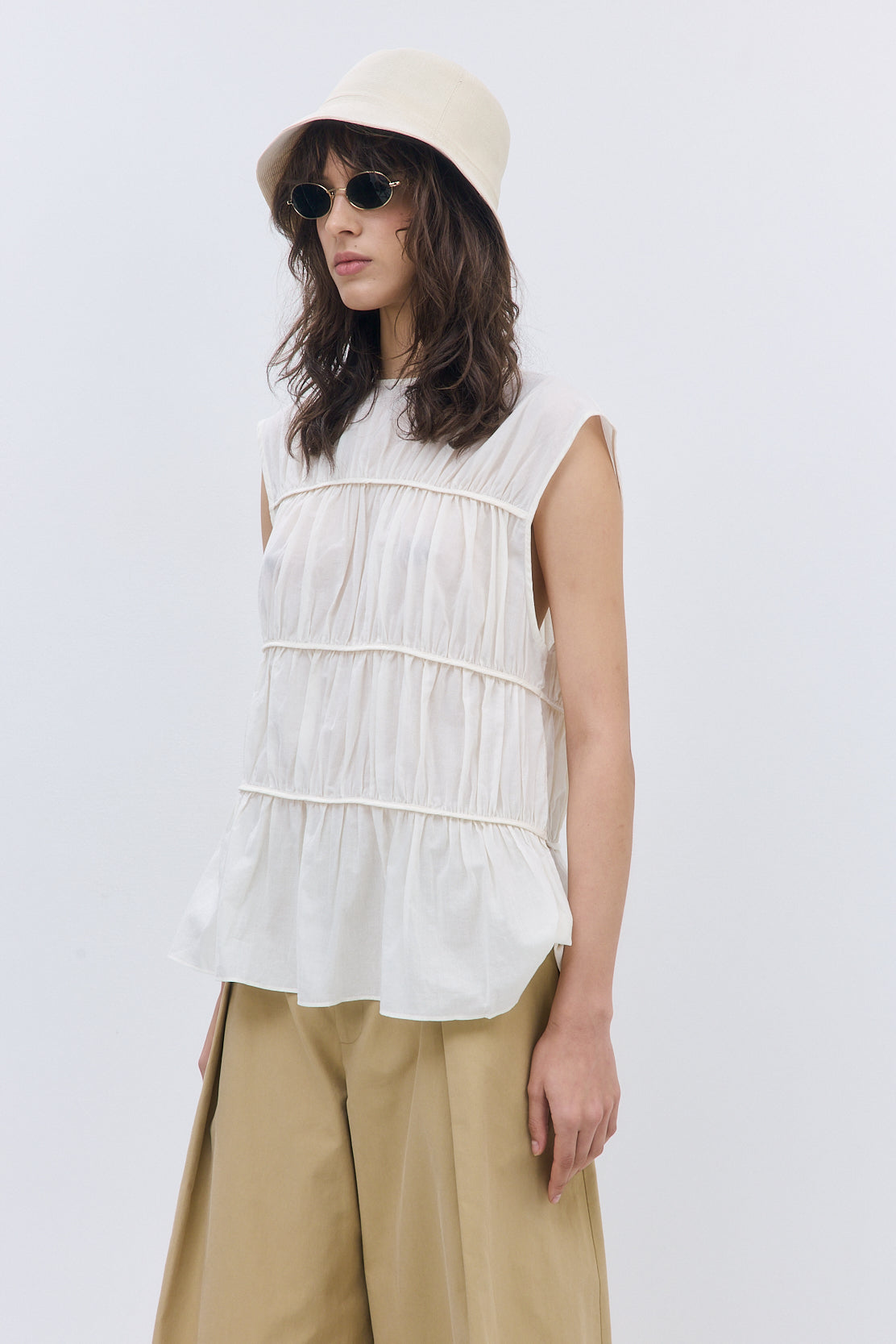 Semi Sheer Sleeveless Pleated Top