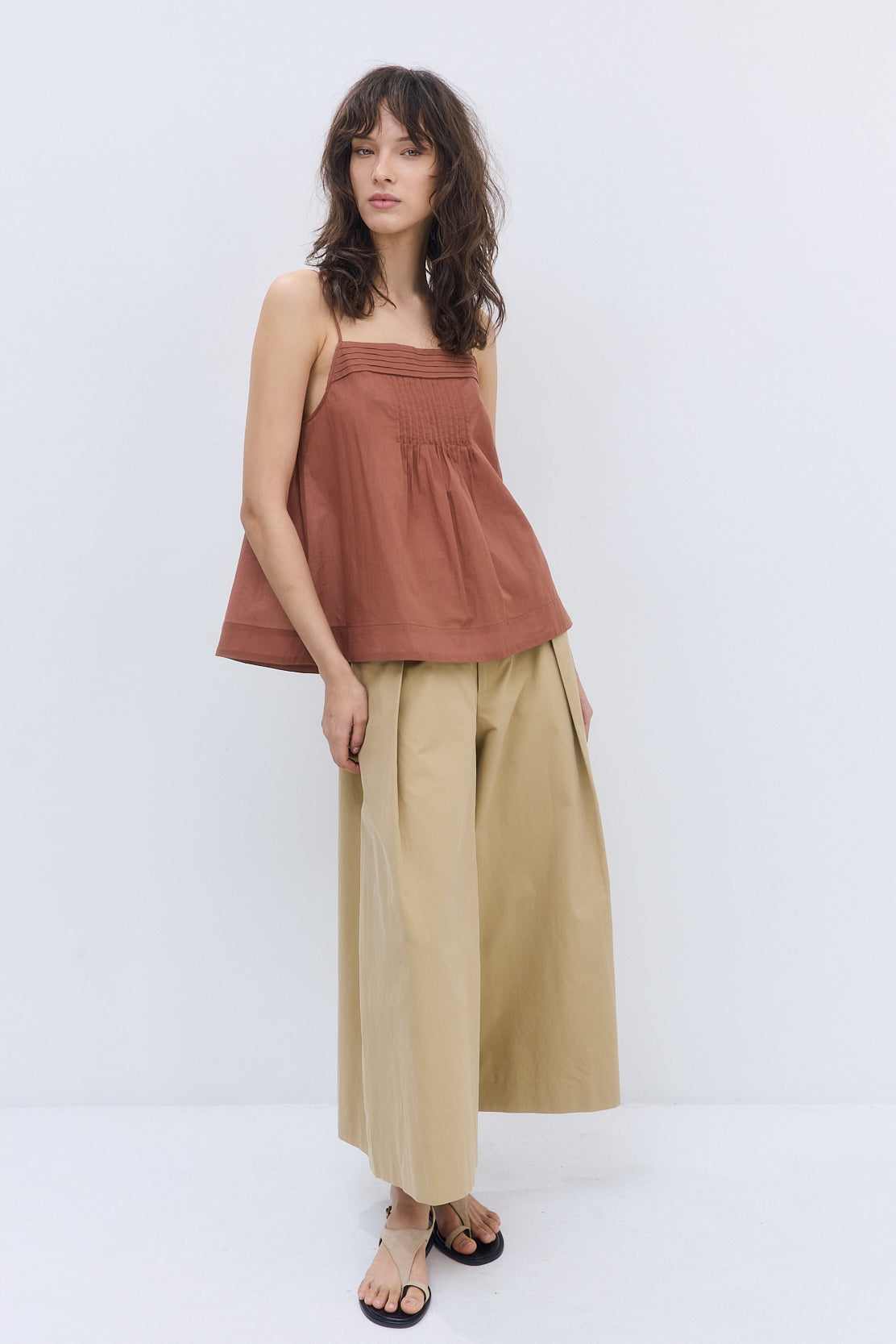 Semi Sheer Pleated Flowy Tank Top