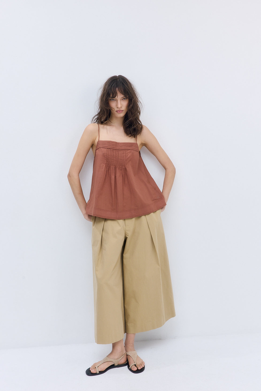 Semi Sheer Pleated Flowy Tank Top