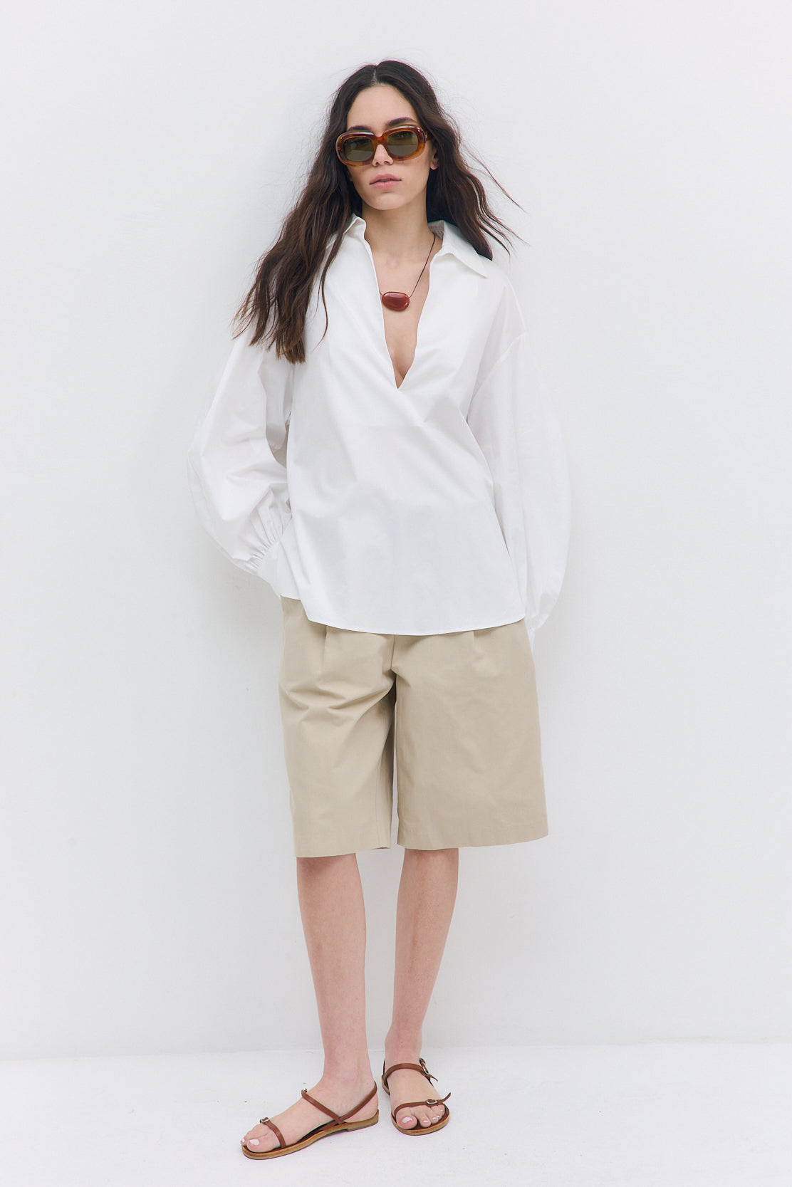 Oversized V Neck Poplin Blouse - Dé Rococo
