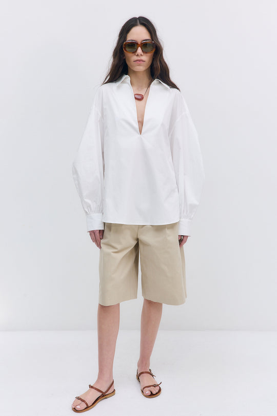 Oversized V Neck Poplin Blouse - Dé Rococo