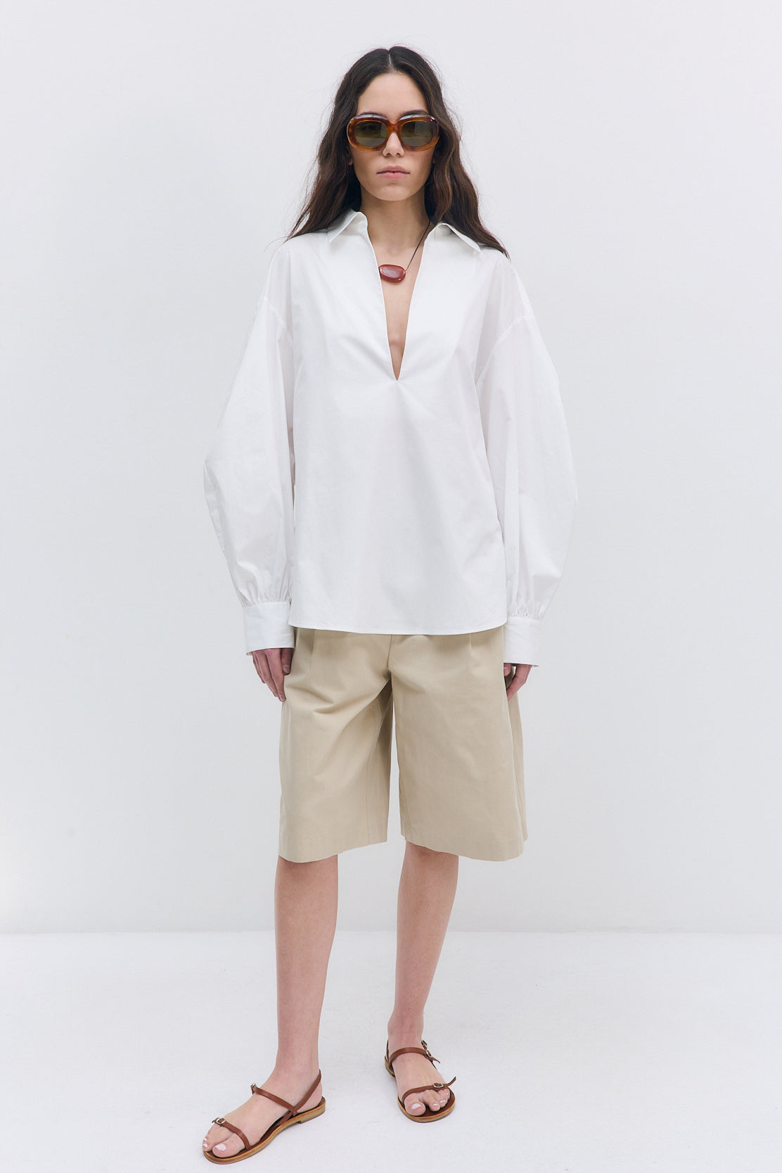 Oversized V Neck Poplin Blouse - Dé Rococo