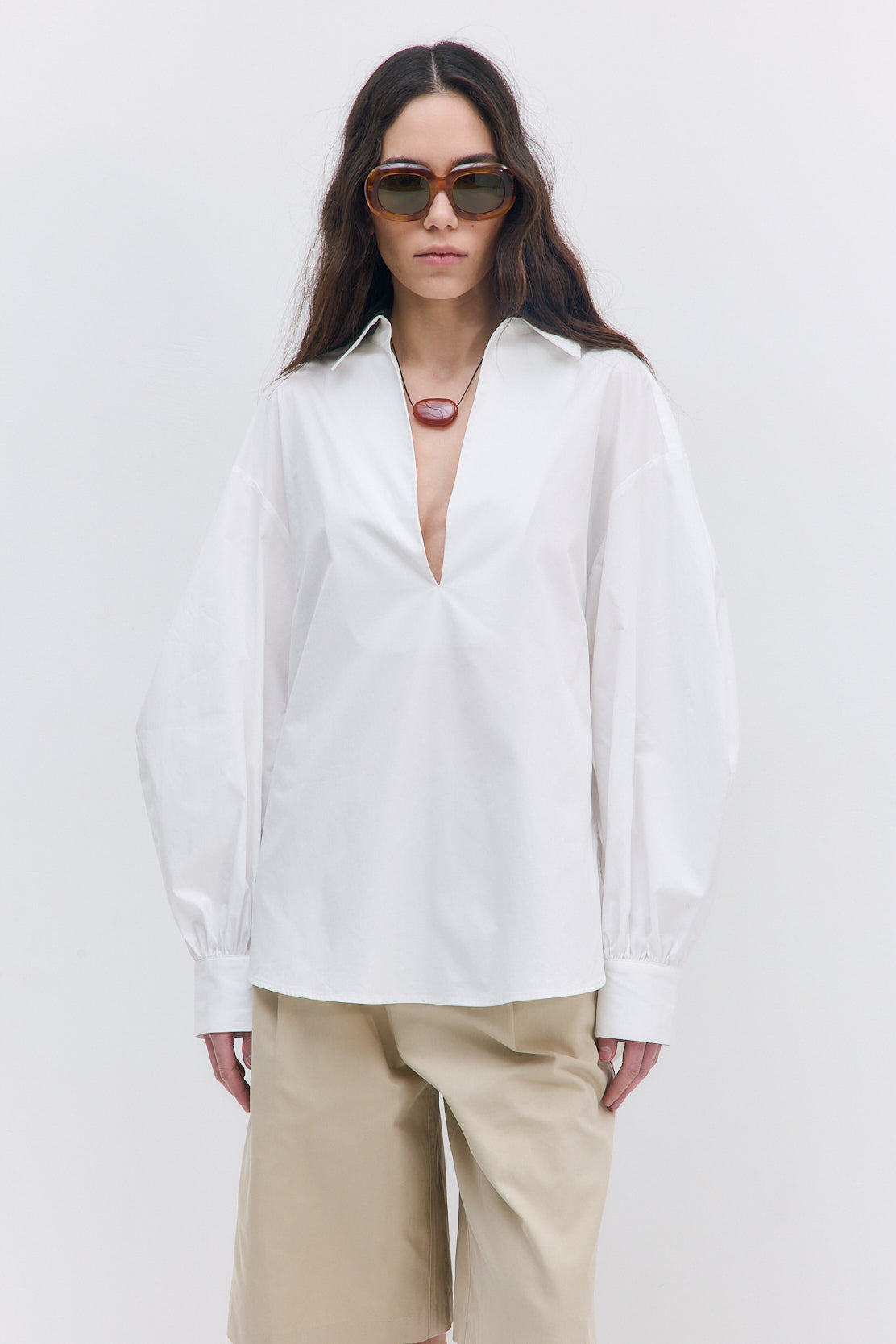 Oversized V Neck Poplin Blouse - Dé Rococo