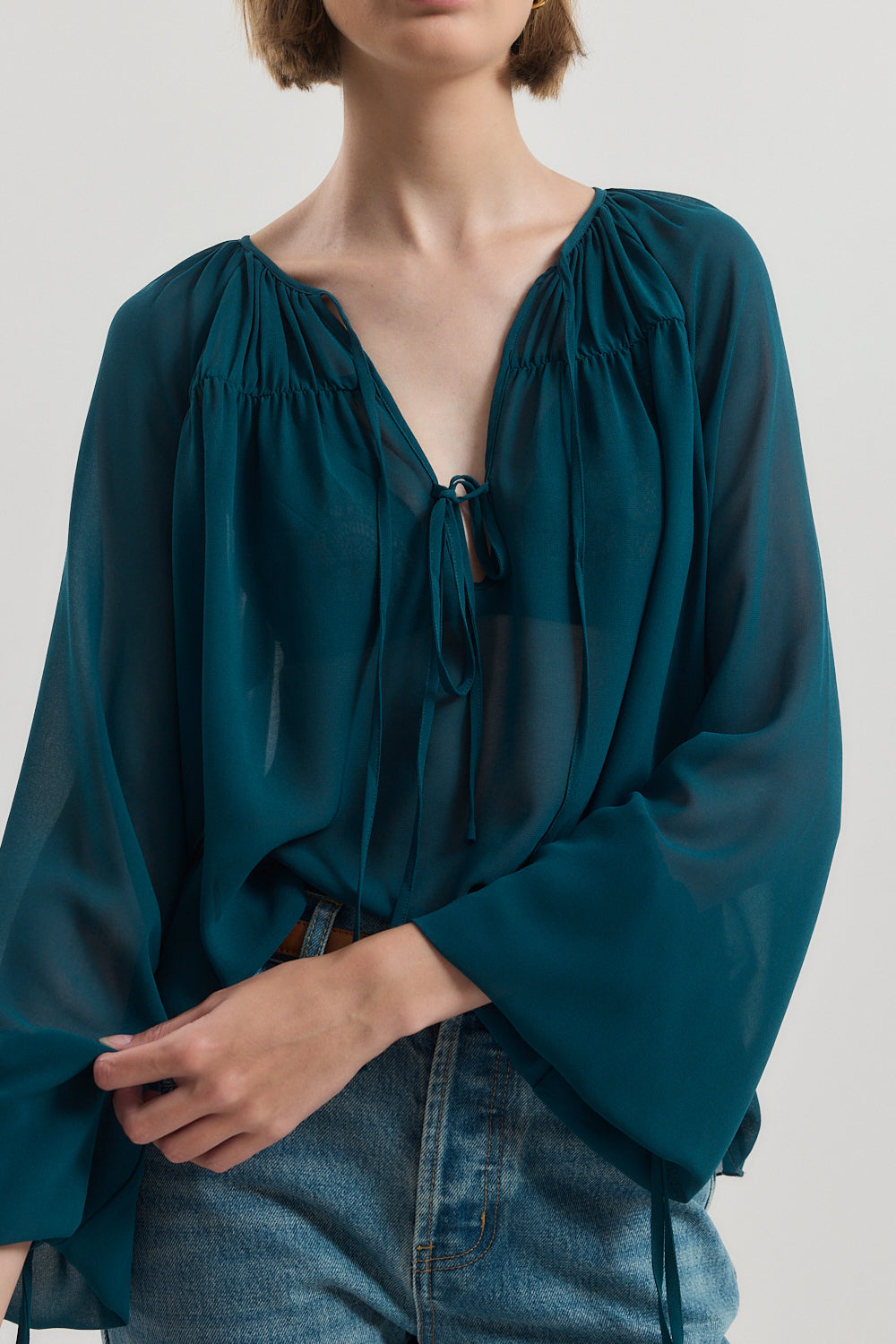 Deep V Semi Sheer Blouse